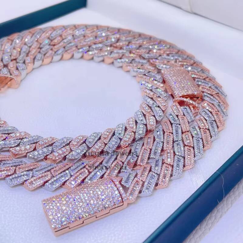 Rose Gold 2 Tone Plated Over Sterling Silver 15 mm Vvs Moissanite Hip Hop Cuban Link Chain