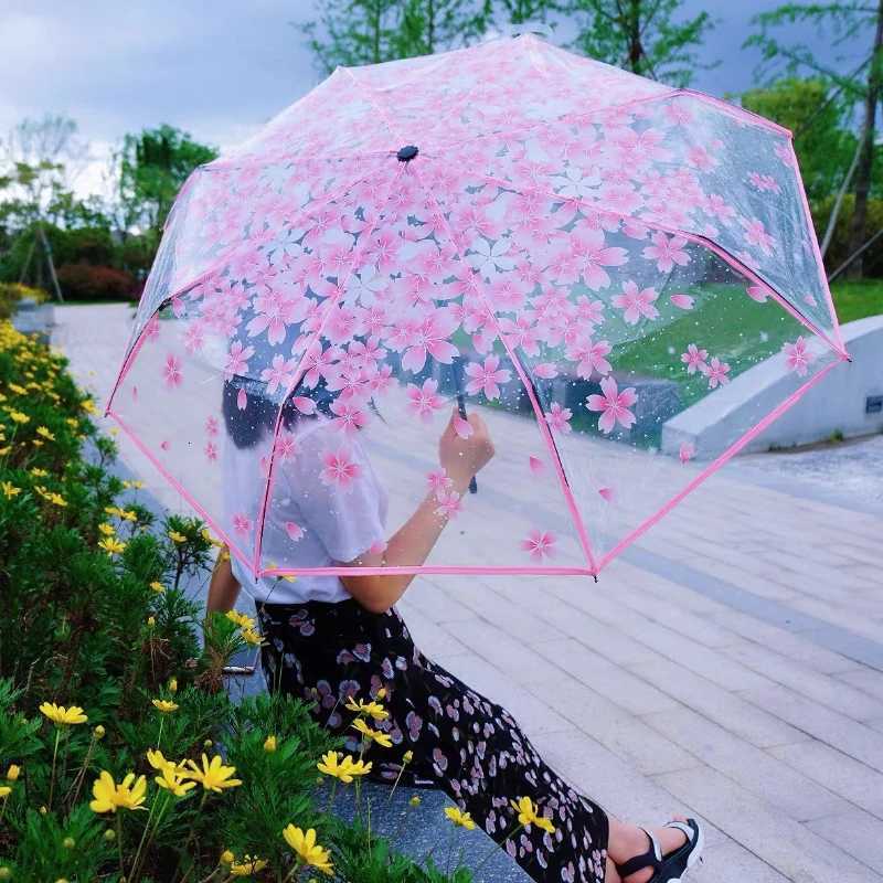 Creative Hand Movement Transparent Male Female Umbrella Cherry Blossom Style Personalized Couple Student Clear Beach UmbrellaM251122