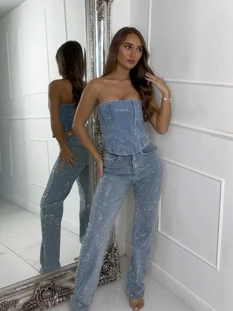 Sexy sequined denim vest pants set for womens Y2K solid sleeveless crop top waist zipper jeans 2025 fashionable street party setXJ250421