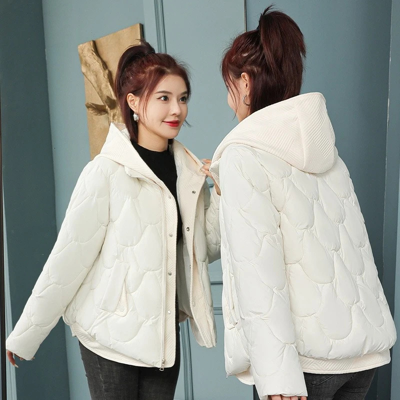 Winter Hooded Cotton Jacket Womens Short Twopiece Loose Thick Parka Coat 251110