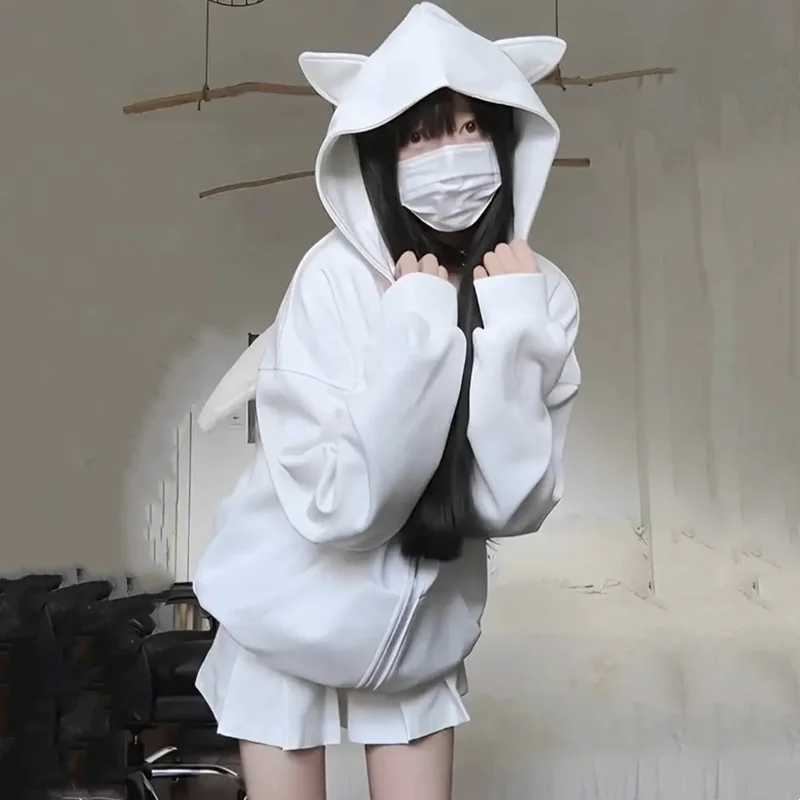Autumn Kawaii Hoodie Womens Cat Ear Hoodie Sportswear Young Girl Y2K Plush Angel Wing Zipper Hoodie Halloween Party Costume M250422