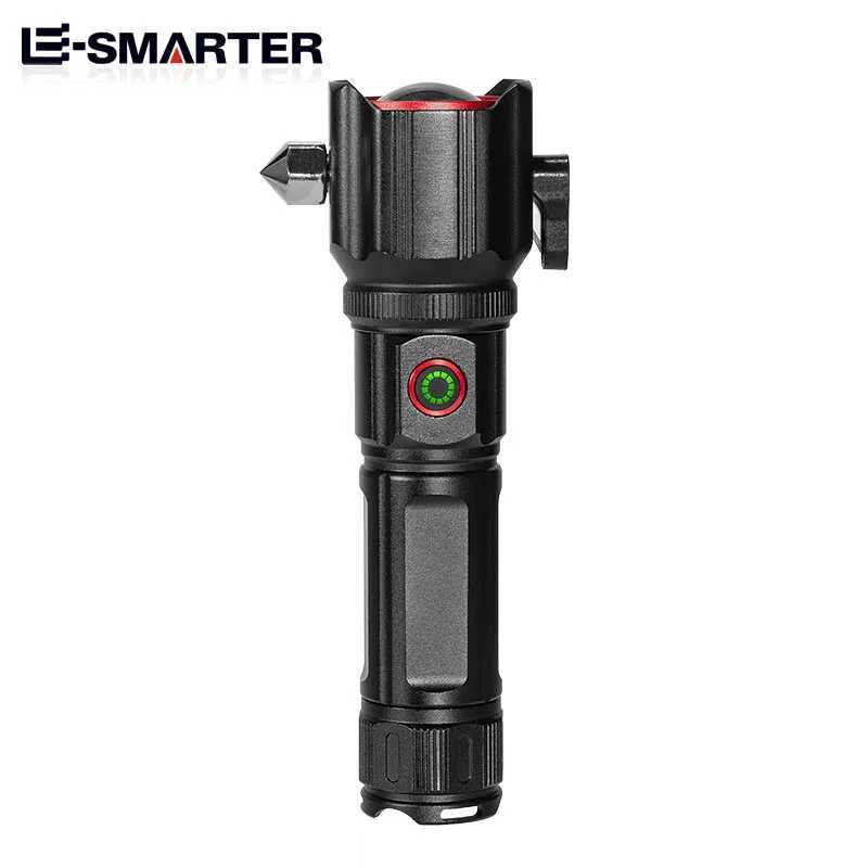 High Power Zoom LED Flashlight with USB Charging COB Safety Hammer Multi-functional Waterproof Aluminum Alloy White Laser Torch C251122