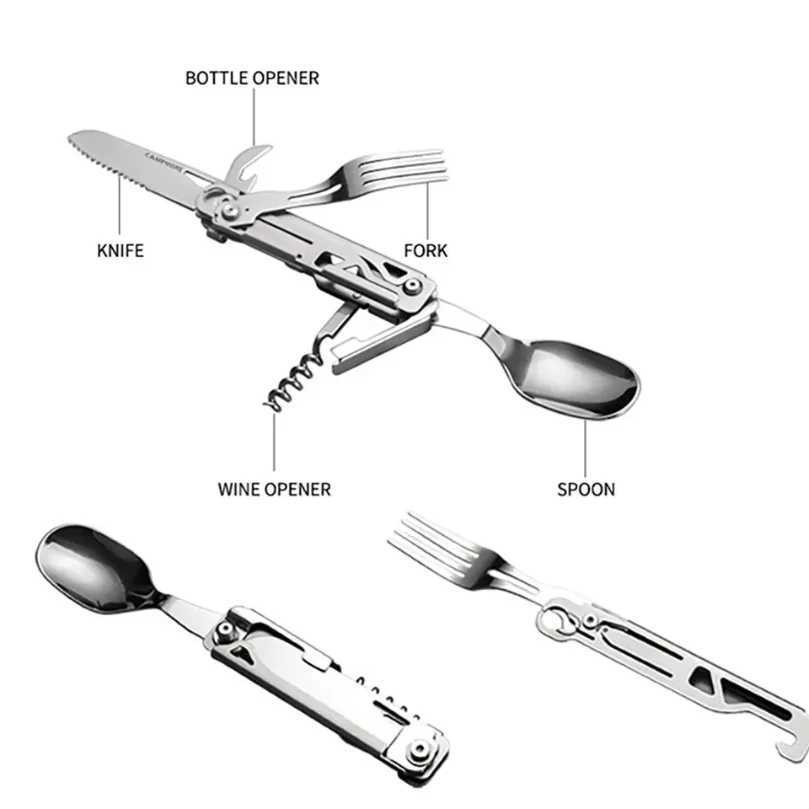 Outdoor Tableware Multifunction Portable Knife Fork Spoon Bottle Opener Foldable Cutlery Camping Equipment J251121