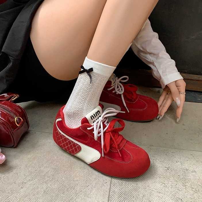 Female Head Ugly and Cute Round Head Single Shoe with Inner Height Enhancement German Training Shoes Spring Sports Leisure Versatile Red Single Shoe 2