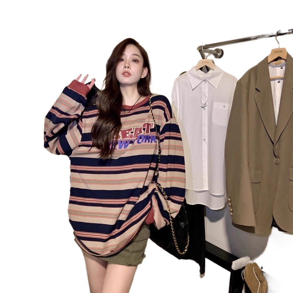 American designer striped round neck hoodie with women's fleece, new Korean version loose and lazy style mid length hip covering top