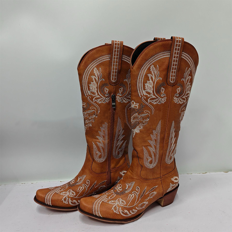 Womens Sparkly Cowboy Boots Wide Calf Knee High Pointed Toe Zipper Closure Brown Western Chunky Heel Fabric Boots Sparkly Detail Durable Fabric Lining