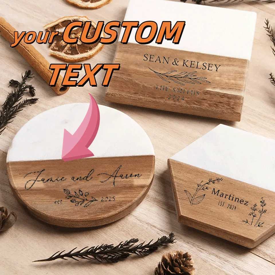 Custom Personzed Text Creative Marble Splicing Wood Coaster Insulation Light Luxury Fashion Decoration Home Accessories Gifts C251122