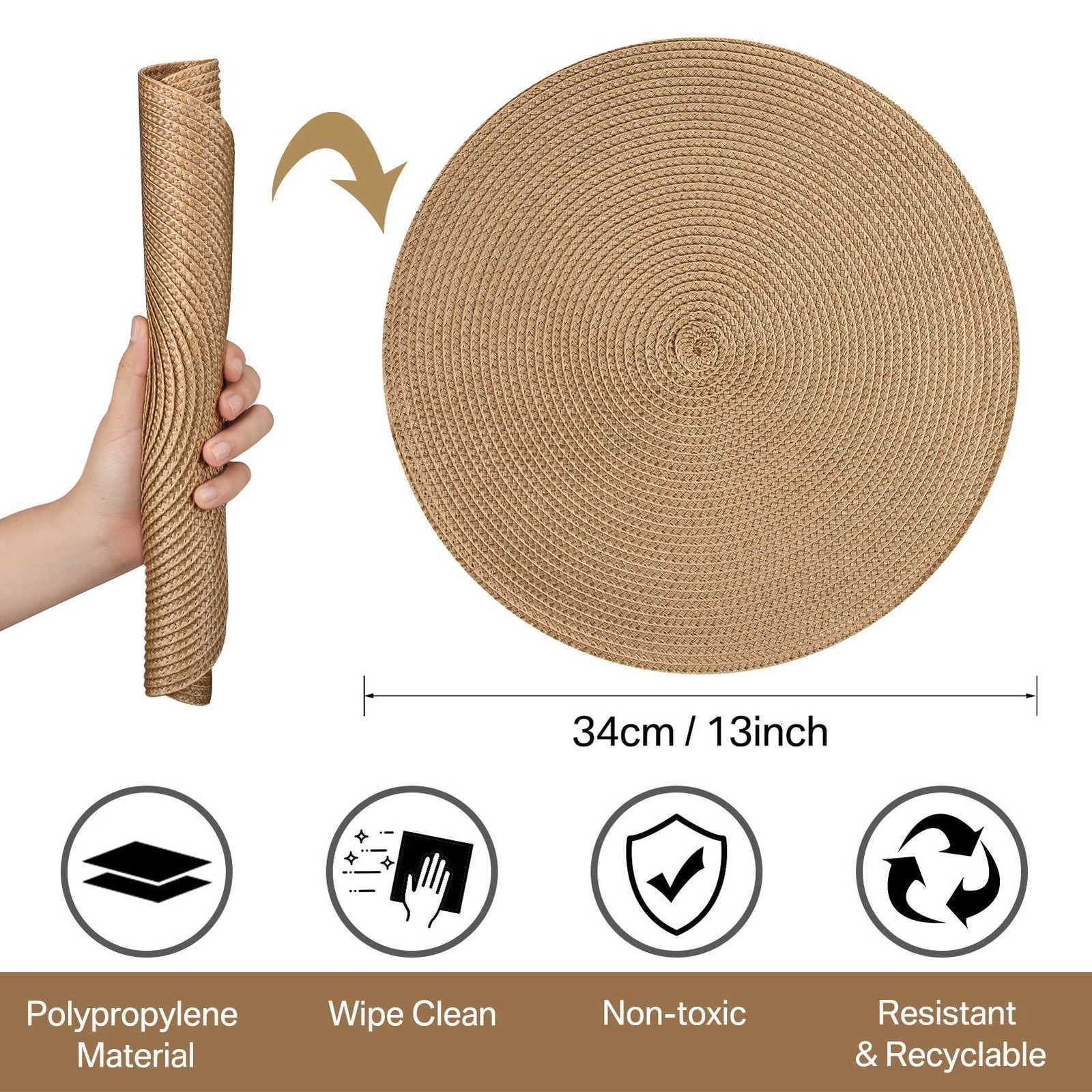 Round Braided Placemats Set of 6 Washable PP/PET Heat Resistant 34cm Table Place Mat for Kitchen Xmas Dining Table Party Decor C251122