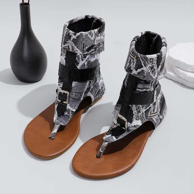 Womens sandals summer clip toe Roman denim fabric buckle high top herringbone flat shoes womens dresses casual 250421BJ - view 5