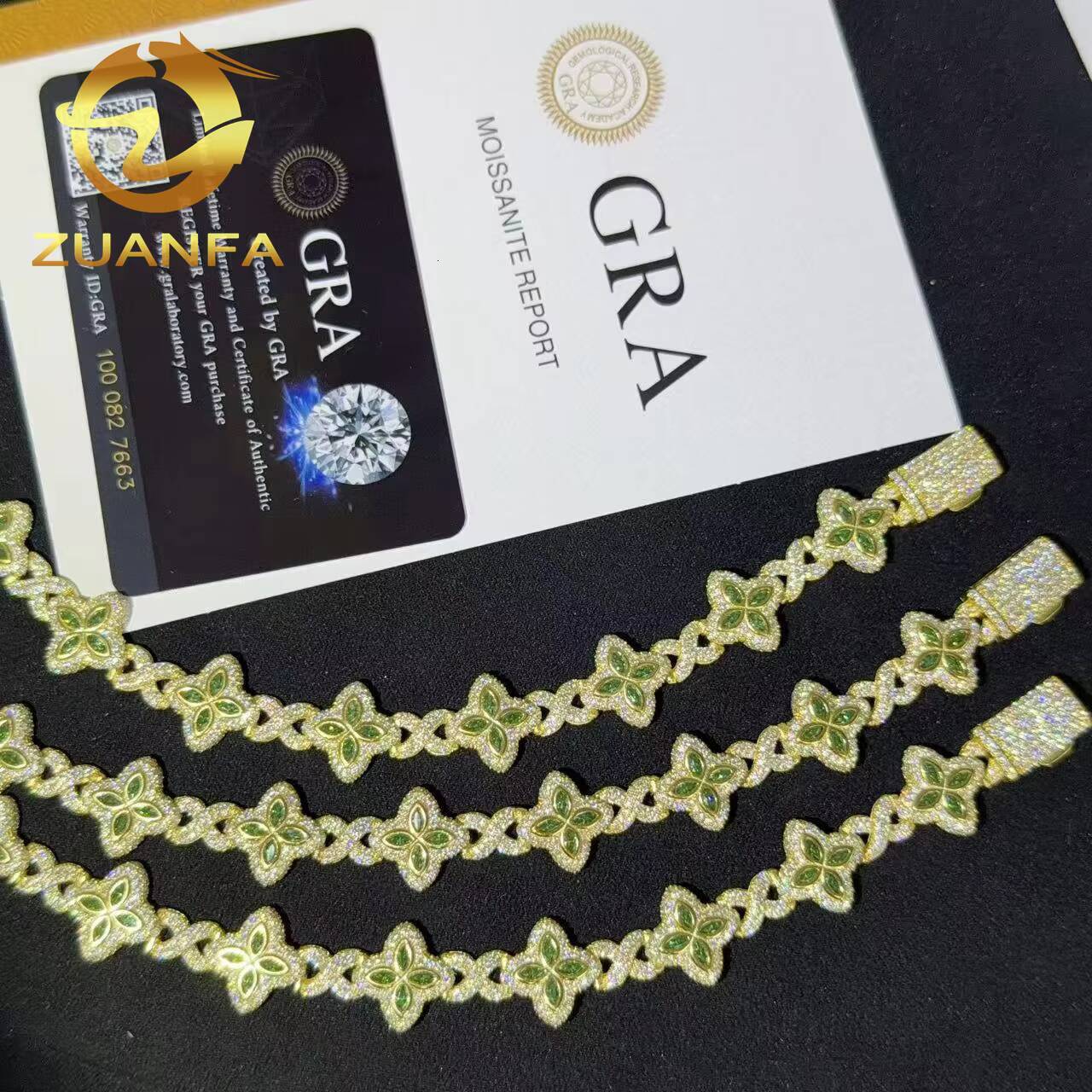 Emerald Green Moissanite 15mm Marquise Flower Hip Hop Jewelry Iced Out Bracelet 925 Silver Moissanite Diamond Bracelet