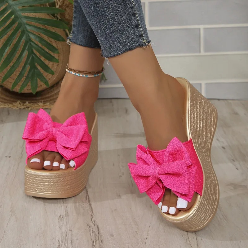 Sweet womens highheeled slippers slope heel bow summer comfortable and elegant thick soled shoes 250421BJ - view 6