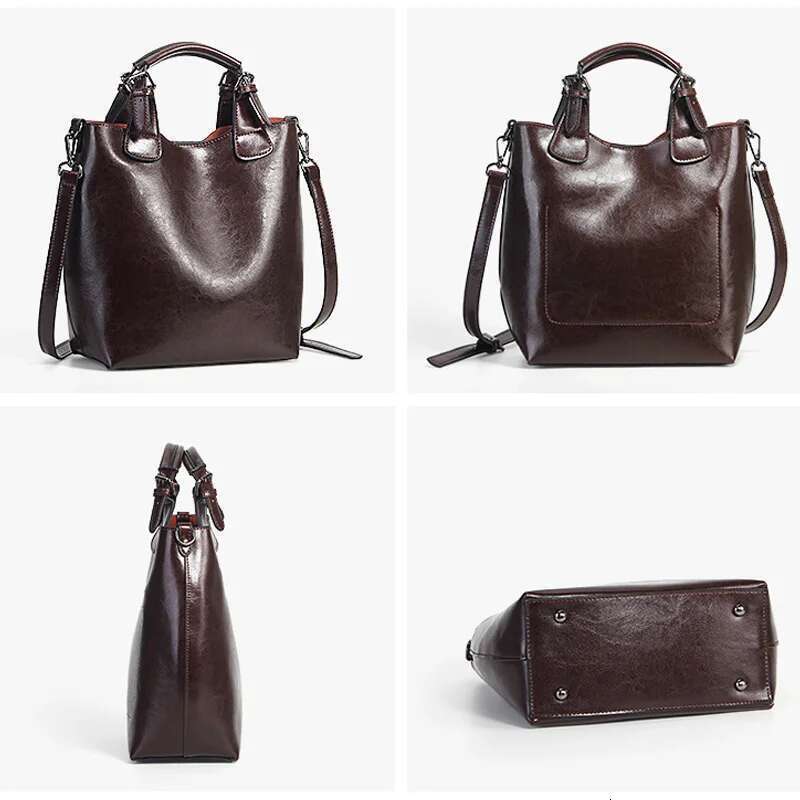 Zency Genuine Leather Handbag Retro Coffee Women Casual Tote Bucket Bag Classic Black Lady Crossbody Messenger Purse Brown Bag