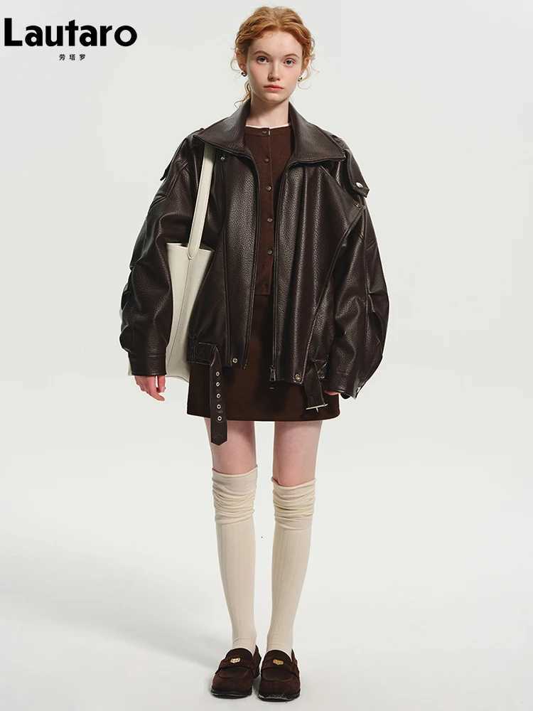 Lautaro Spring Autumn Cool Brown Oversized Pu Leather Jacket Women Long Sleeve Zip Up Luxury Designer American Retro Clothing X251122