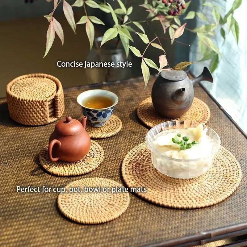 6Pcs Japan Style Sado Supplies Rattan Coasters Tableware Mats Handmade Tea Ceremony Tableware Set INS Style Desktop Decorations C251122