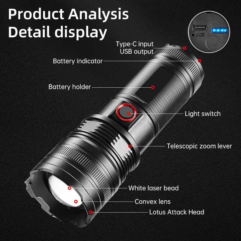 Powerful Spotlight Long Range LED Flashlight Strong Light Lamp Tactical Torch Lantern Built-in Battery Type-C Charging Torch C251122