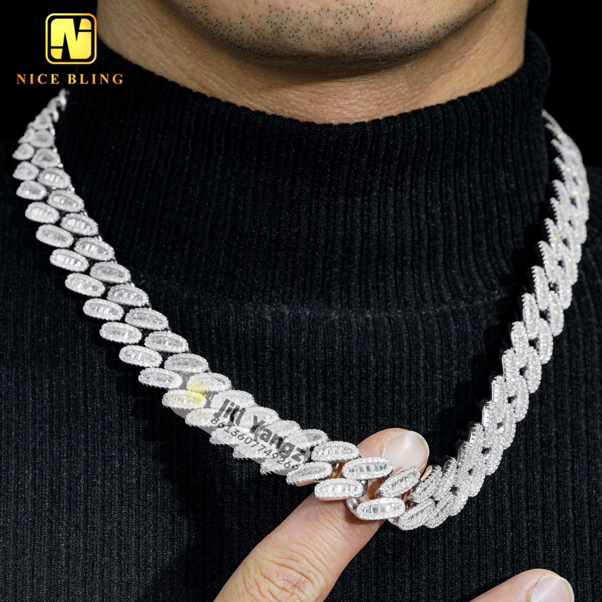 16 Year Cuban Link Chain Manufacturer 16mm Baguette Moissanite Dia Hip Hop Iced Out Jewelry Necklaces Sterling Sier