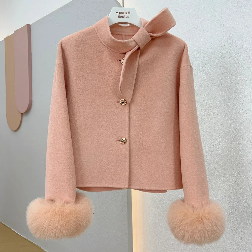 Wool Coat Ladies 2024 Winter Natural Fur Cuff Outwear Female Cashmere Woolen Women Jacket 251112