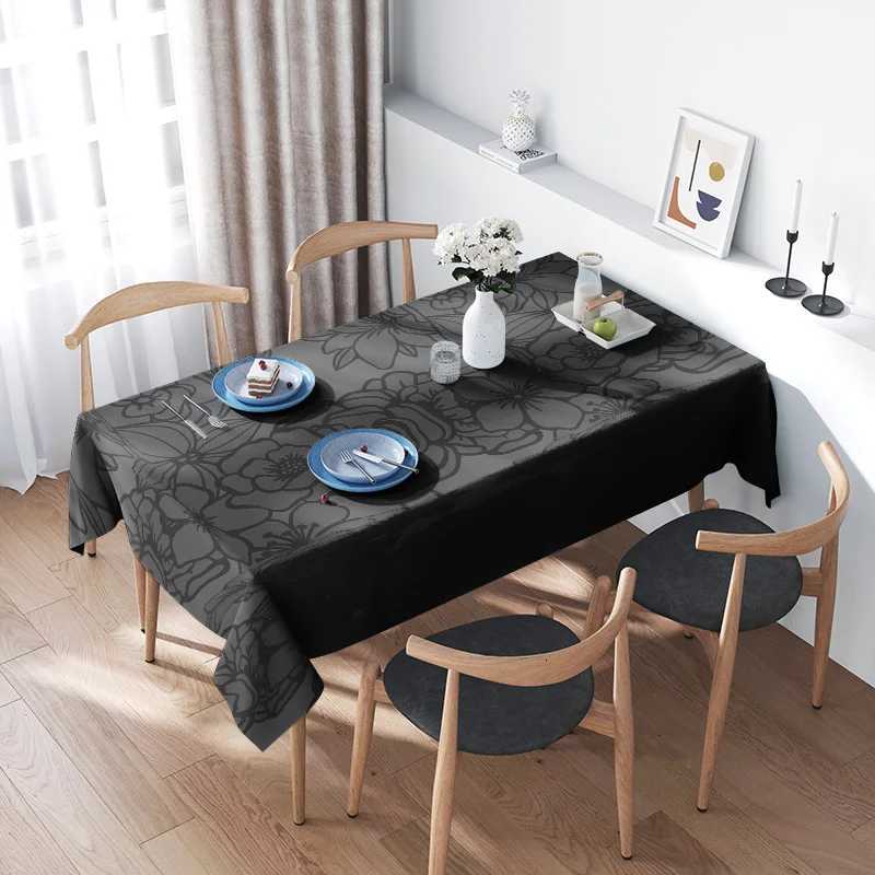 Modern Floral Tablecloth with Black Decorative Print Suitable for Dining Tables in a Contemporary Home Setting C251122