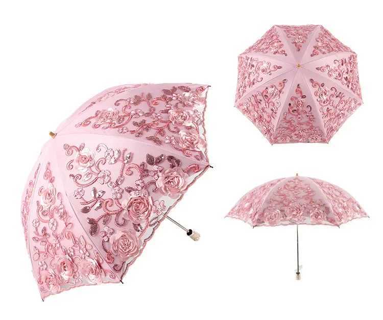 Lace Embroidered Two Folding Umbrella for Double-layer Embroidered Anti-UV Sunscreen Parasol Women Windproof Rain UmbrellasM251122