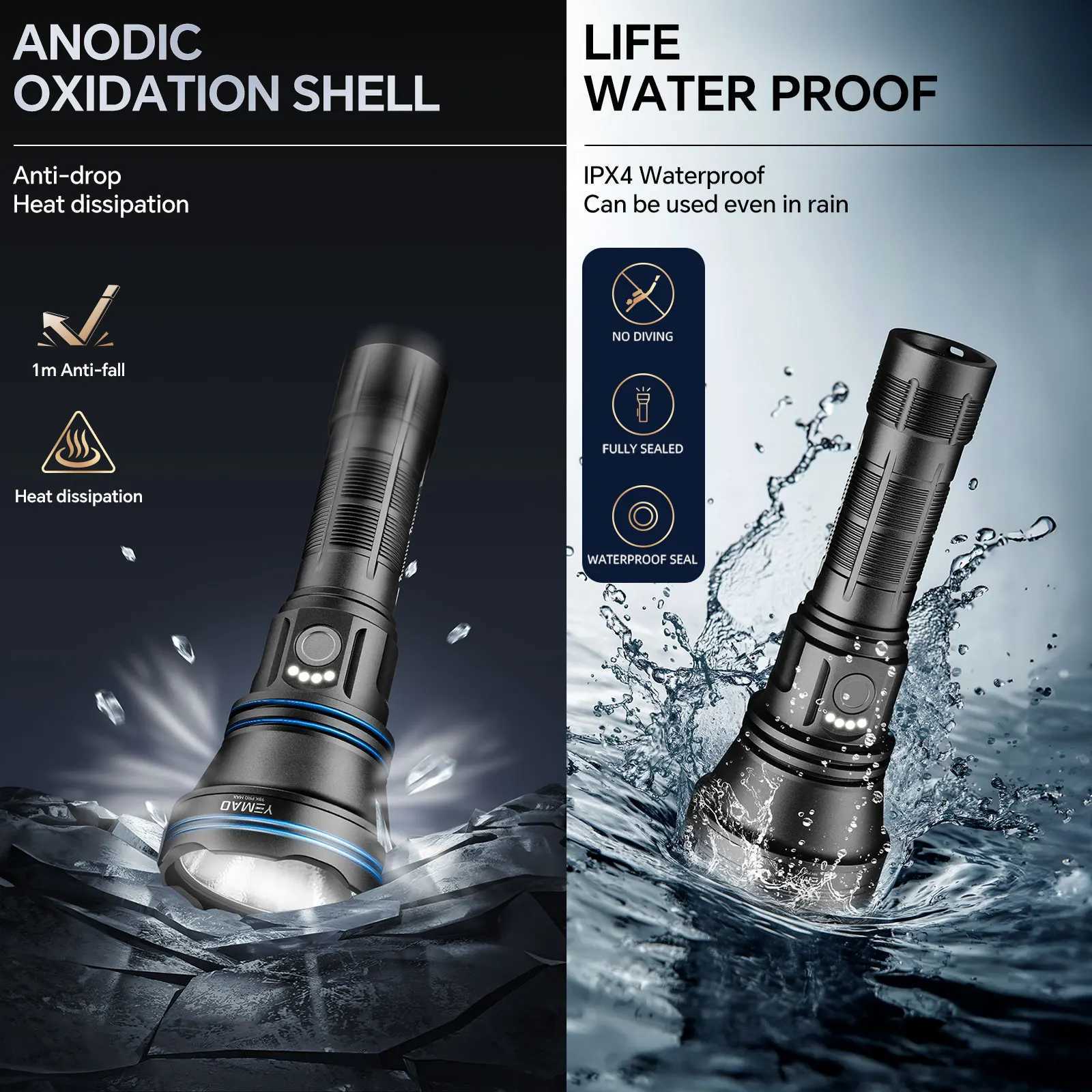 YEMAO 98KPro High Power Flashlight 2840LM 21700 battery Rechargeable LED Lantern 6 Modes W/Memory 900m Range tactical Flash lamp C251122