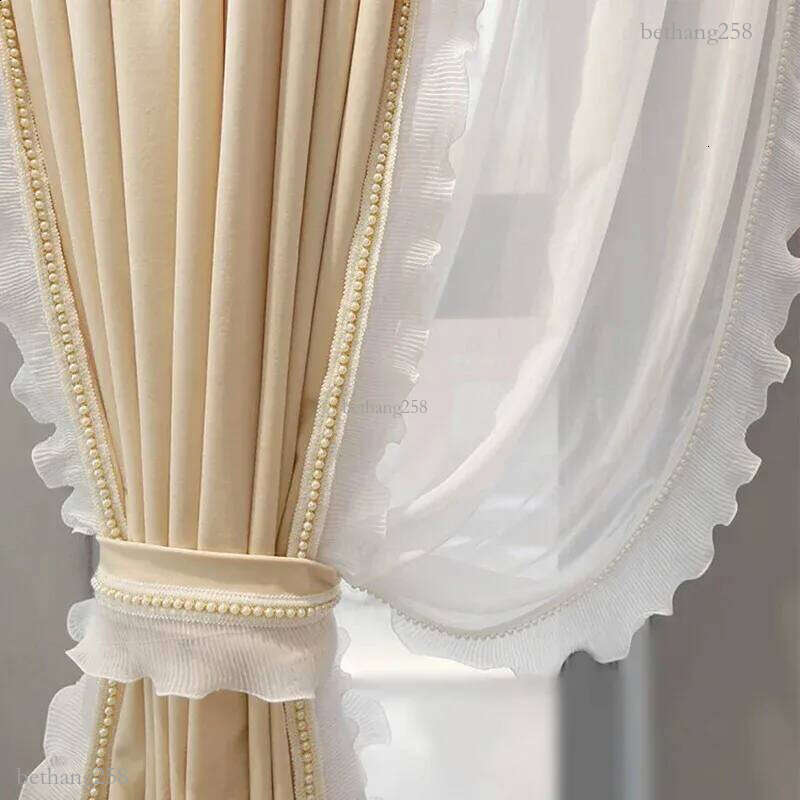 Beige Shabby Chic Curtain for Living Room Farmhouse Ruffled Vintage Side Lace Velvet Blackout Balcony Window Drapes 240726