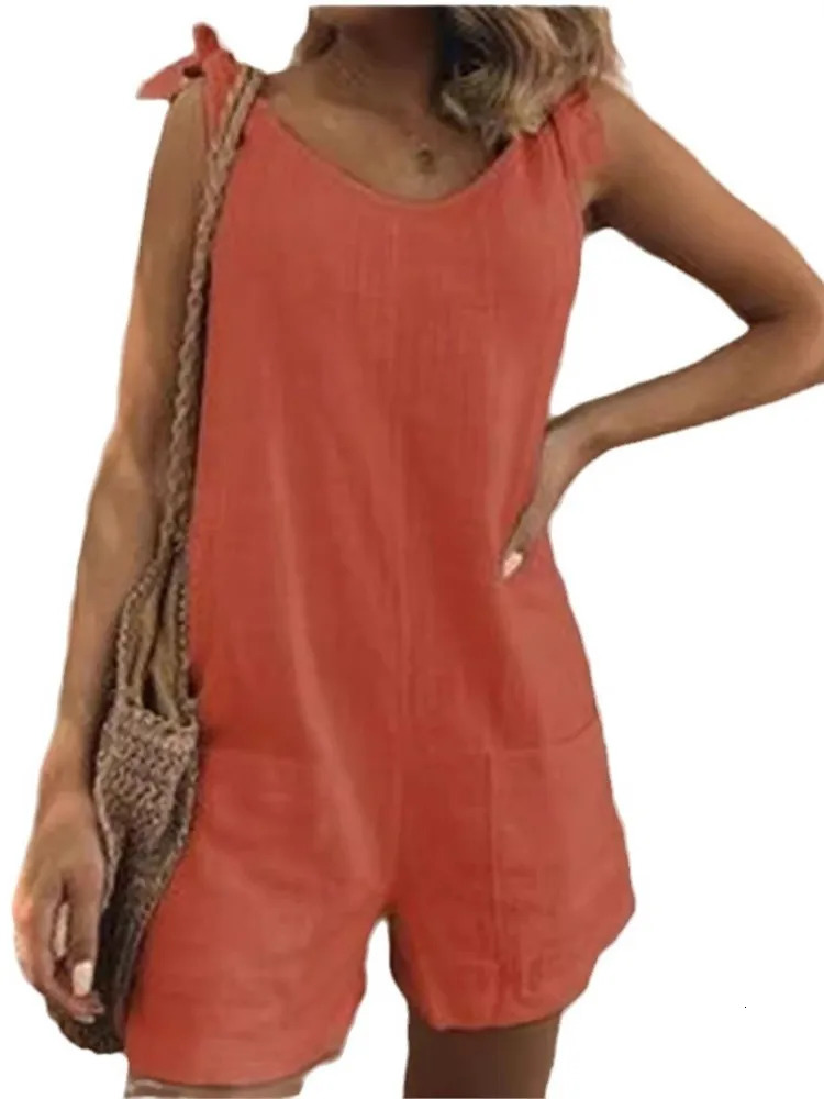 Summer Solid Cotton Linen Playsuits Casual Loose Women Jumpsuits Fashion Lace -up O Neck Sleeveless Pocket Romper Female 250421
