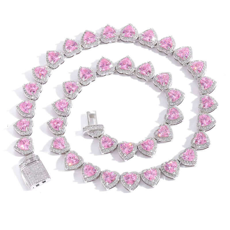 High Quality 10mm Ice Powder Heart Tennis Chain Necklace Boutique Jewelry Shiny Pink moissanite Hip Hop Style