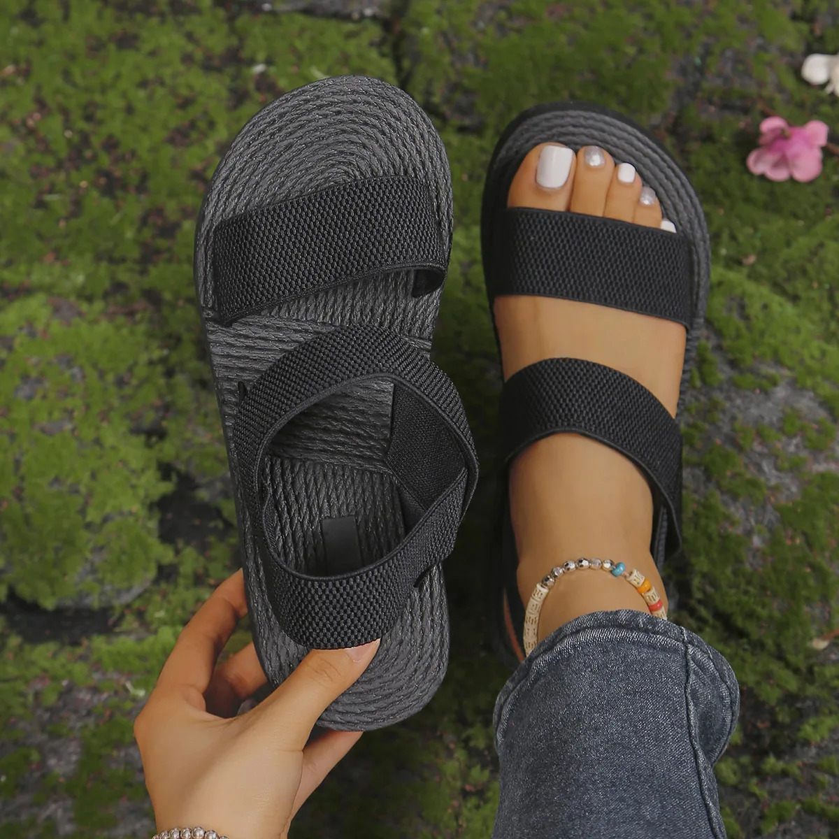 1 pair of womens minimalist wedge sandals with open platform and thick sole casual ankle straps suspenders solid color 250421BJ - view 3