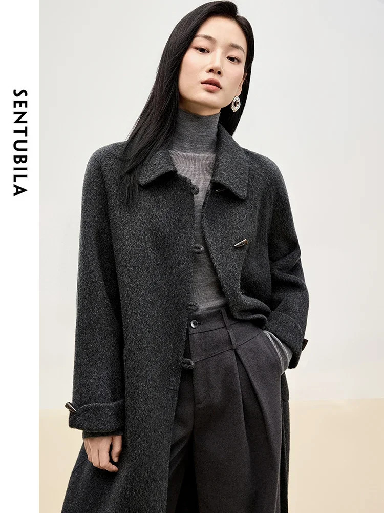SENTUBILA Womens Long Coat 100 Wool 2025 Winter Elegant Outerwears Bull Horn Buckle Big Pockets Warm Woman Overcoat W44O55978 251112