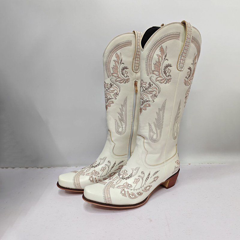 Womens Sparkly Cowboy Boots Wide Calf Knee High Pointed Toe Zipper Closure Brown Western Chunky Heel Fabric Boots Sparkly Detail Durable Fabric Lining