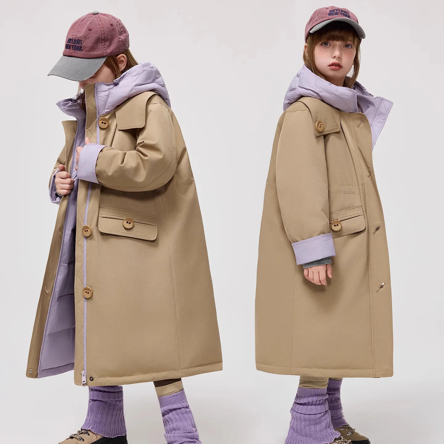 Korean Winter Junior Girls Midlength Coat Hooded 414Y Kids Padded Trench Reversible Khaki Thick Teens Jackets 2501105