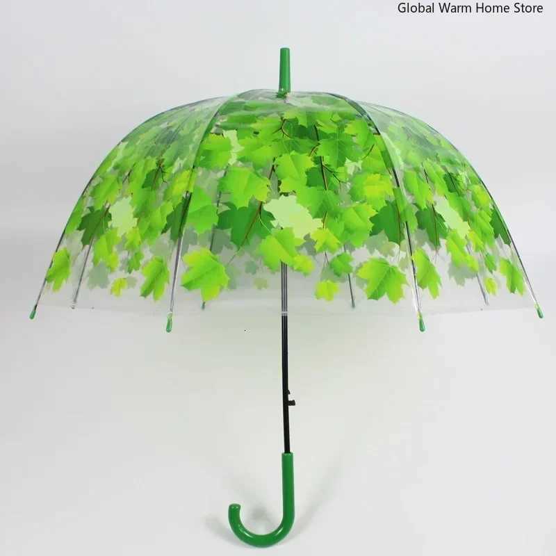 New Long Handle Transparent Mini Umbrella Clear Baking Paint Originality Summer Green Autumn Maple Leaves Creative Kids UmbrellaM251122