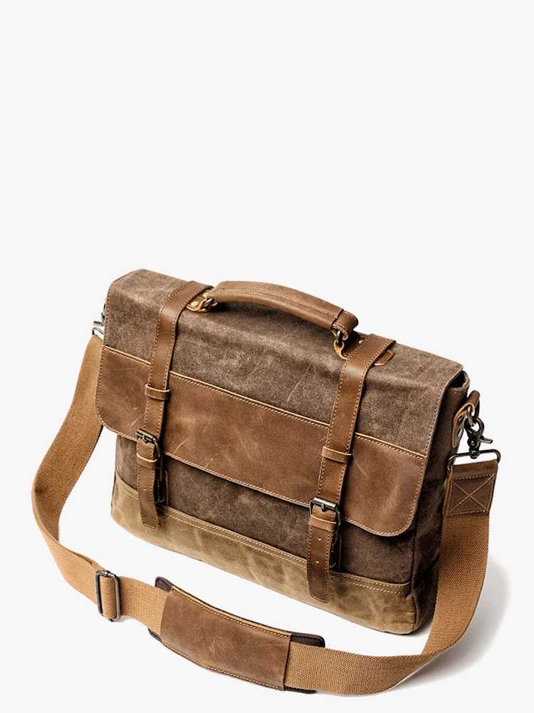 Oil wax canvas handbag mens waterproof shoulder bag retro canvas leather briefcase 14 inch laptop messenger bag W250422