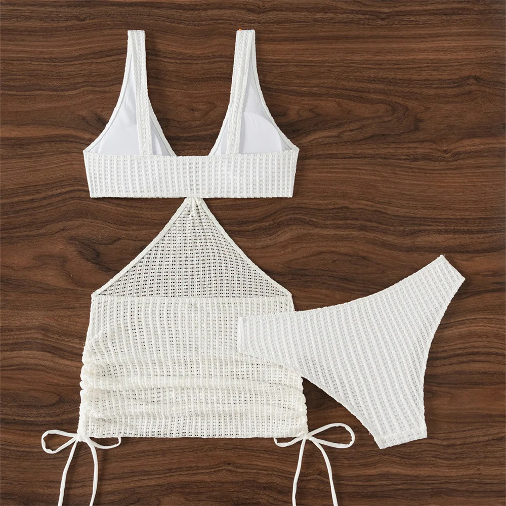Sexy Crochet Bikini White Y2K Hollow Swimsuit Drawstring Knit Skirt Hole Vacation Swimwear Tanga Women Beach Outfit Bathing Suit 250421