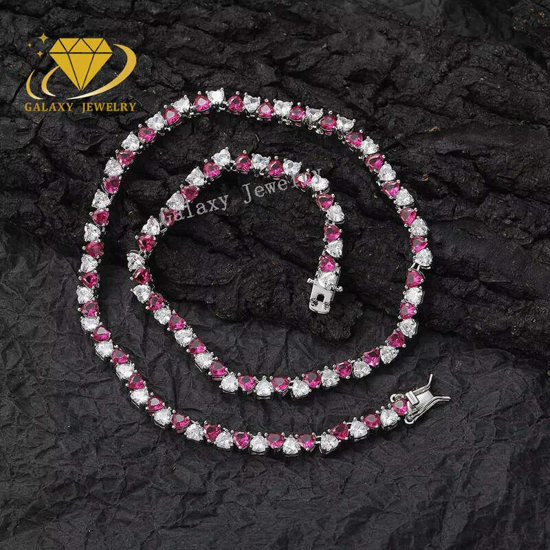 Premium Jewelry Sier Pink and White Diopside Two-tone Heart-shaped Tennis Chain Bracelet Women's Necklace