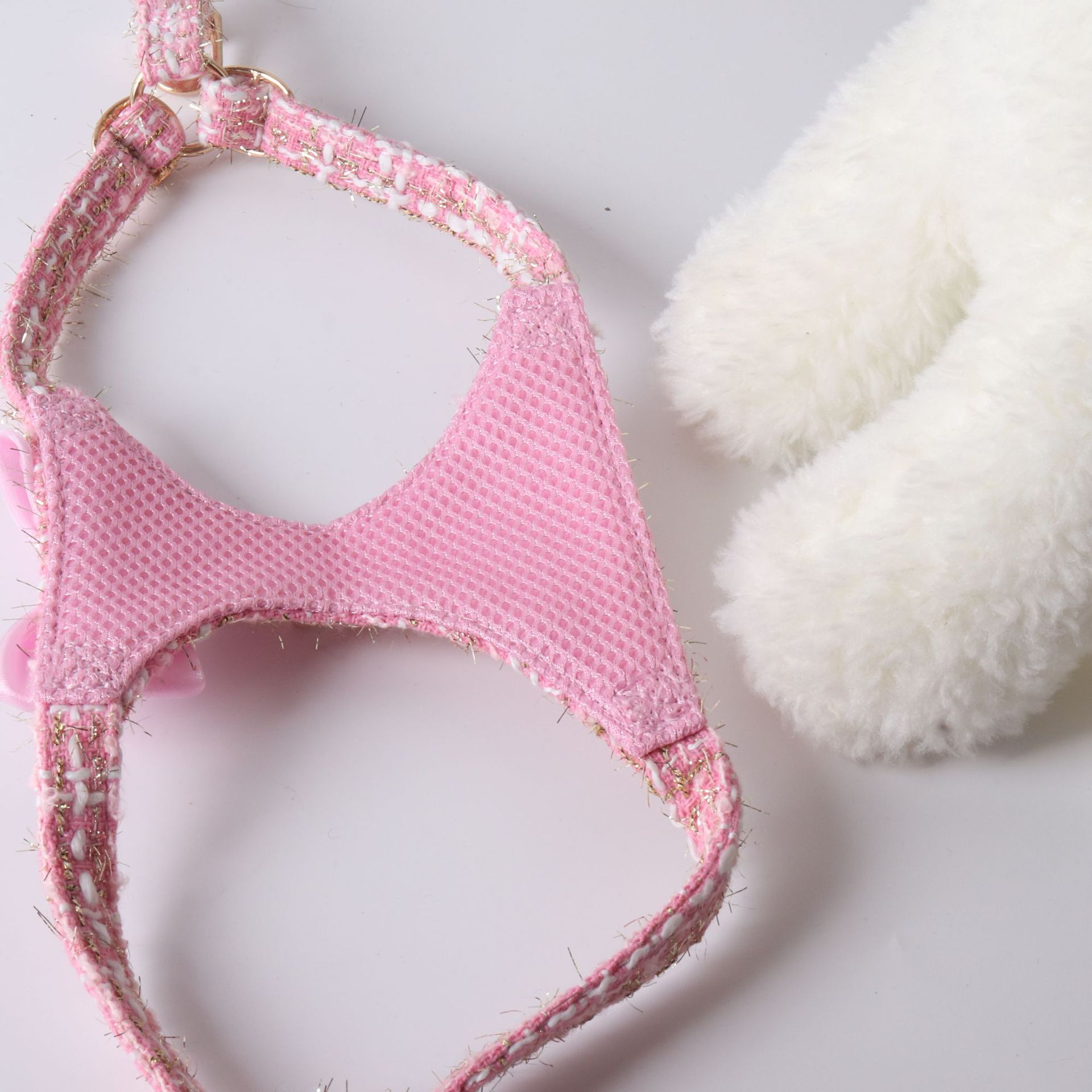 Luxury Tweed Bowknot Dog Harness and Leash Set, Pearl Button Dress Vest for Small Dogs Cats Pink Black Blue - view 5