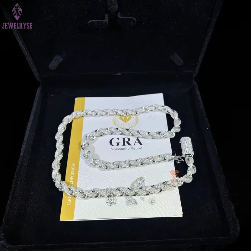 Hip Hop Custom Iced Out Sterg Sier Vvs Moissanite White Gold Plated Rope Chain Tennis Chains Jewelry Unisex Dia Necklace