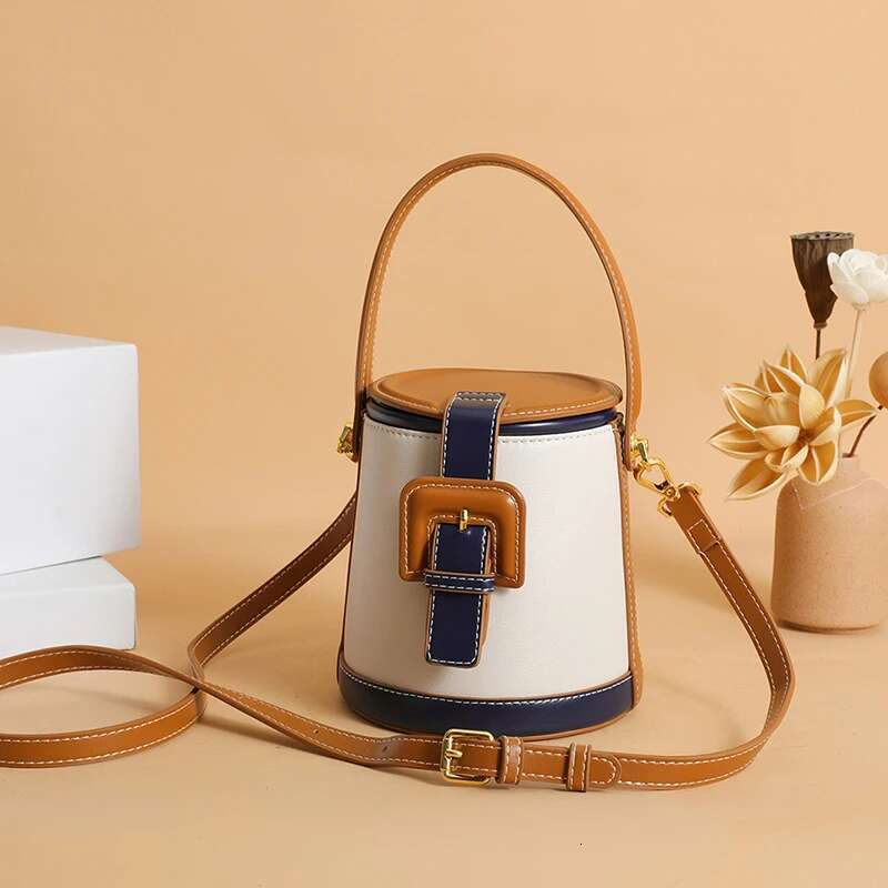 New Fashion Design Box Shape Cross Body Female Short Handle Cowhide Leather Women Small Shoulder Bucket Bag Bag