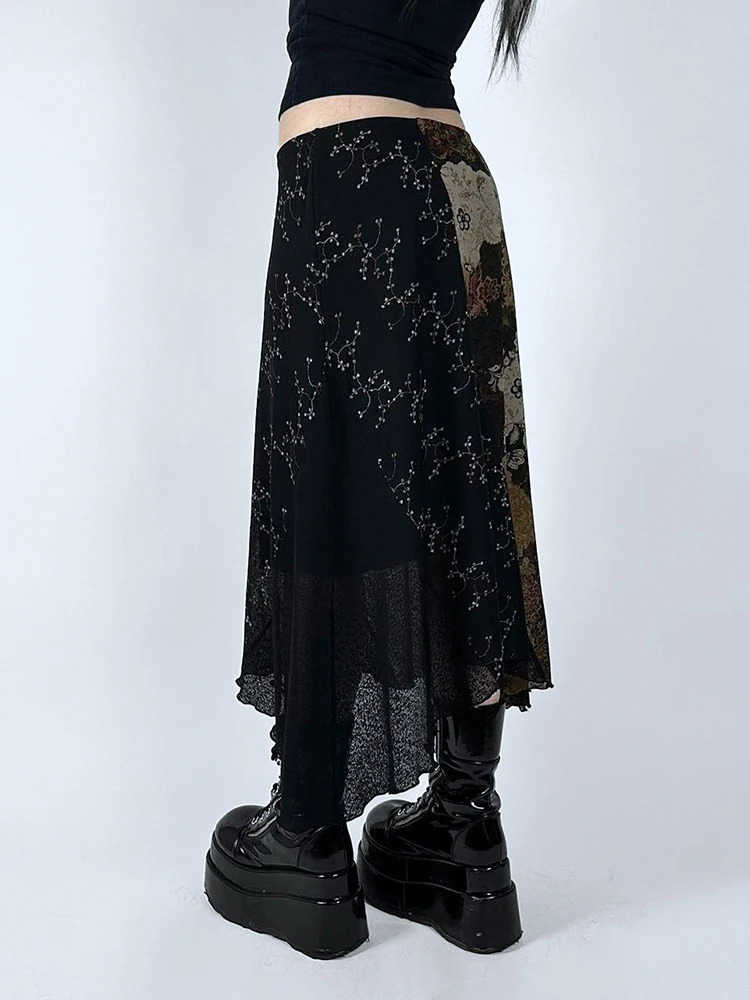 IAMSURE Vimtage Patchwork Flower Grid Skiing Leisure Mid waist Long Skirt Womens Autumn Spring Street Dress Women 250422