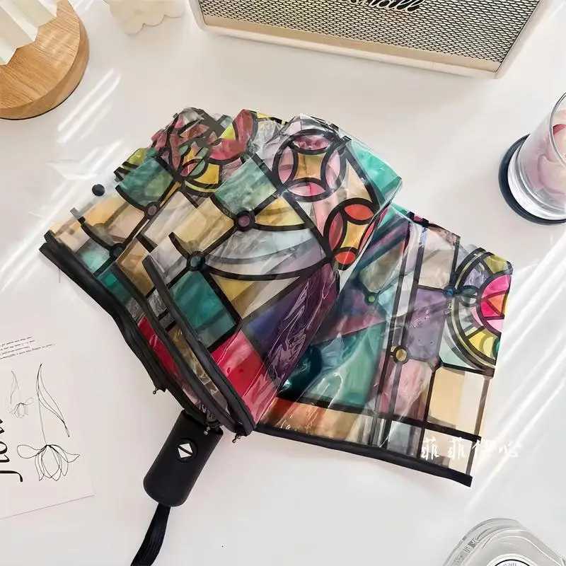Stained Glass Umbrella British Style Rainforest Arch Umbrellas Vintage Hand-Painted Transparent Parasol Auto Folding UmbrellaM251122