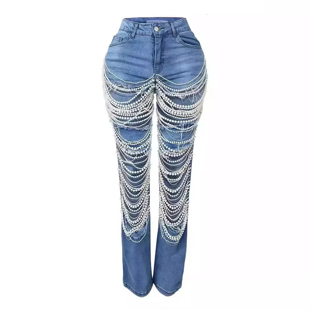 Ripped Jeans for Women Straight Pants Diamonds Chain Stretch Distressed High Waist Floor Length 2025 Streetwear Denim Trousers 251111