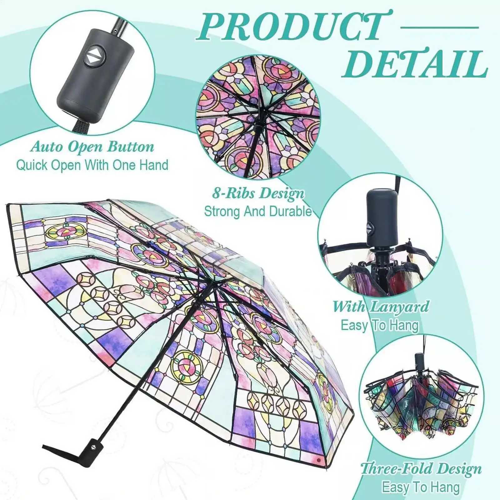 Vintage Stained Glass Automatic Umbrella Hand-Painted Transparent Folding Umbrella for Women Men Gift for Wife GirlfriendM251122