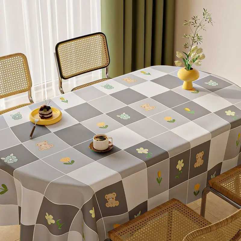 Fresh Style Leaf Pattern PVC Tablecloth Waterproof Oil-Proof Washable Rectangular Dining Table Cover Grid Luxury Tea Table Cloth C251122