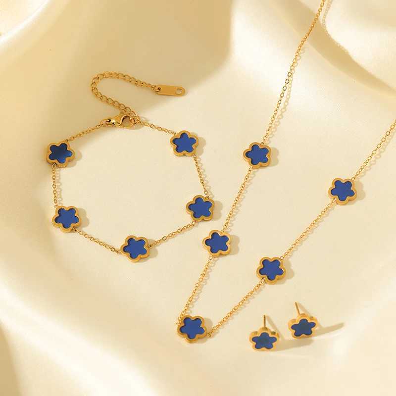 GANEMLY 316L Stainless Steel Black Plum Flower Five Leaf Clover Necklace Bracelet Earrings Jewelry Set For Women Birthday Gift J251122