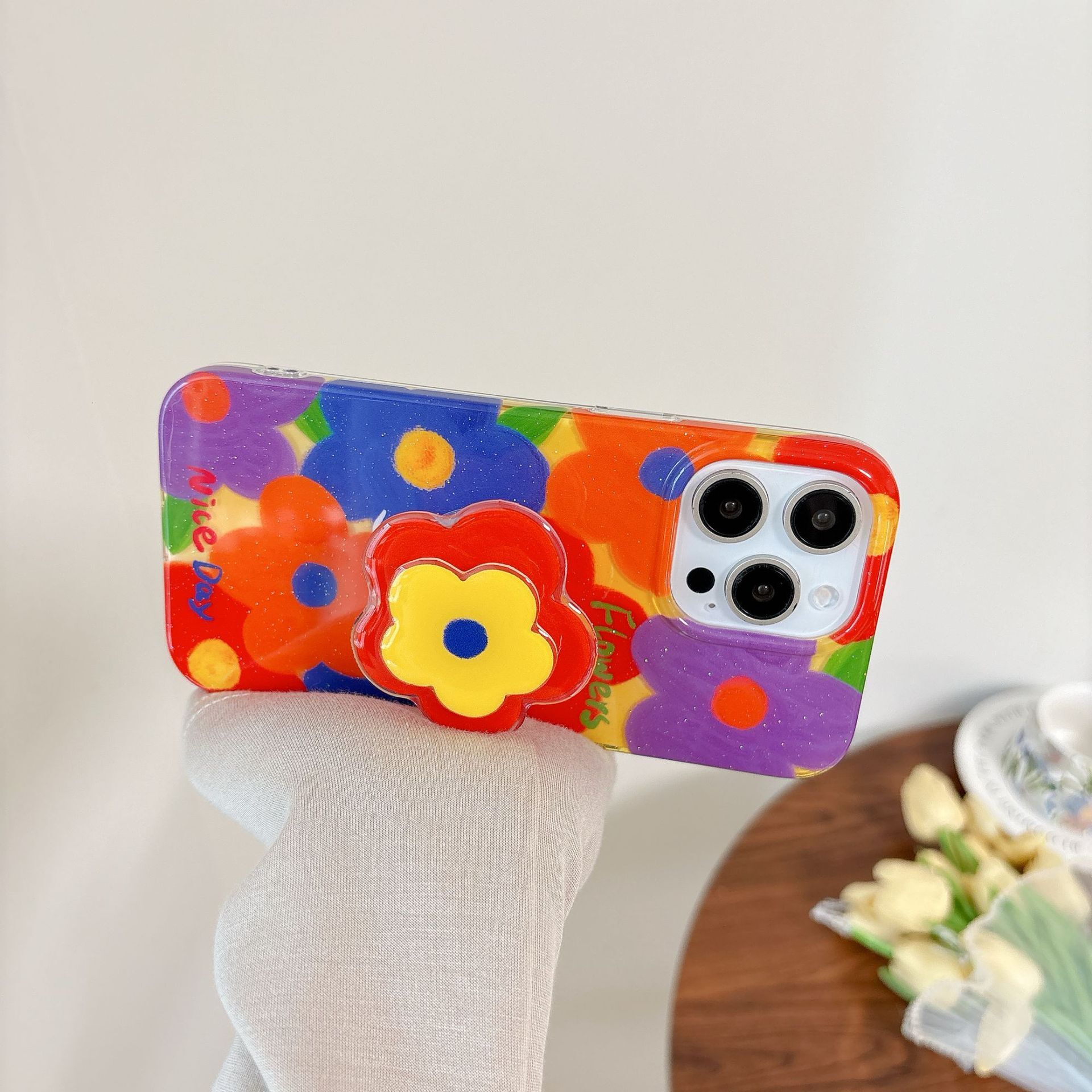 Oil Painting Colorful Flowers Phone Case Compatible iPhone 16/15 Pro Max Stand Full Coverage Protective Case for Women