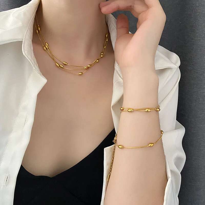 EILIECK 316L Stainless Steel Gold Color Multi-Layer Stacking Chain Necklace Bracelet Set For Women Fashion Waterproof Jewelry
