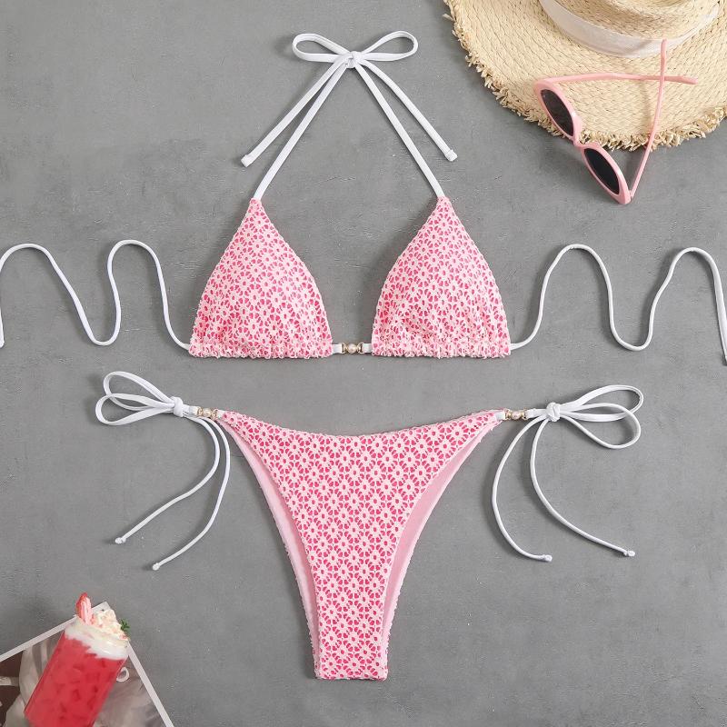 Womens Swimwear Sexy Lace Bikini Set 2025 Women Pink Floral Print Push Up Bra Micro Swimsuit Luxury Pearls Bathing Suit Tie Side Thong