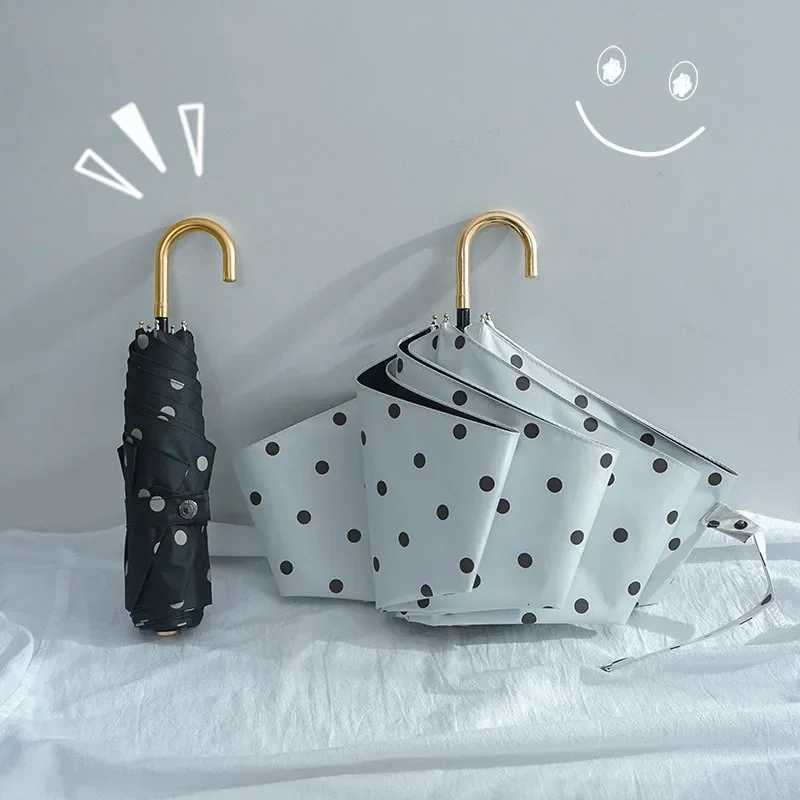 Vintage Polka Dot UV Folding Umbrella Rainproof Sun Rain Gear Compact Sunscreen Outdoor Travel Sun Protection Parasol UmbrellaM251122