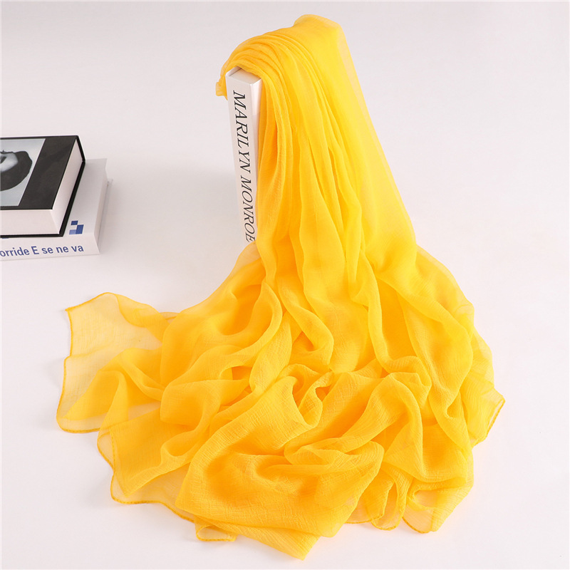 K472 Solid color silk scarf sun protection shawl versatile scarf imitation silk ladies holiday beach towel head scarf crocodile wrinkle thin