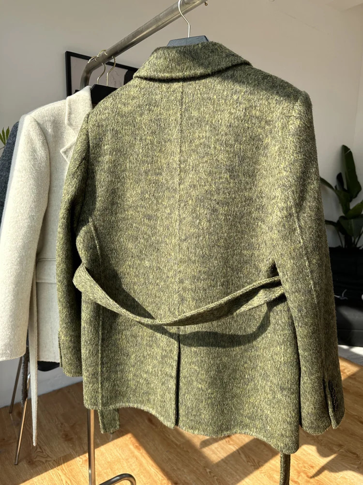 Autumn Winter Casual Doublesided Wool Coat Short Female Fashion Loose Mulberry Silk Woolen Lapel Laceup Warm Women 251112